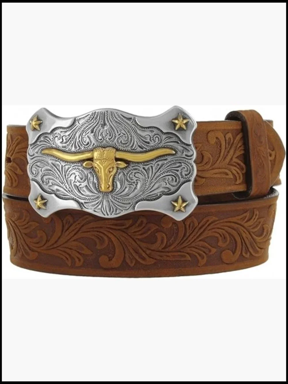 Tooled Leather Belt with Silver Engraved Buckle